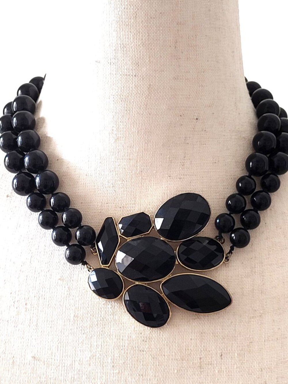 Vintage Chunky Black Lucite Faceted Pendant 2 Strand Beaded Choker Front Clasp